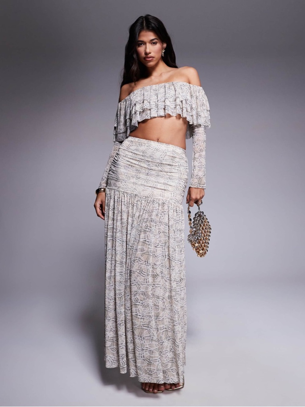 NWT AFRM Sheer Lace Set : Ruffle Crop Top & Sheer Pleated Maxi Skirt Sz M